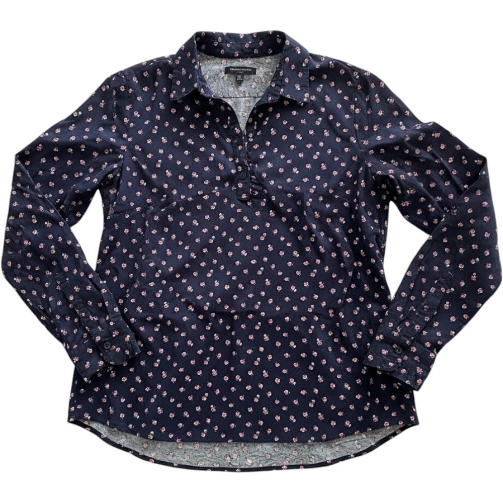 Banana‎ Republic Blouse Navy Blue Pink Floral Women Long Sleeve Popover Ruffle M